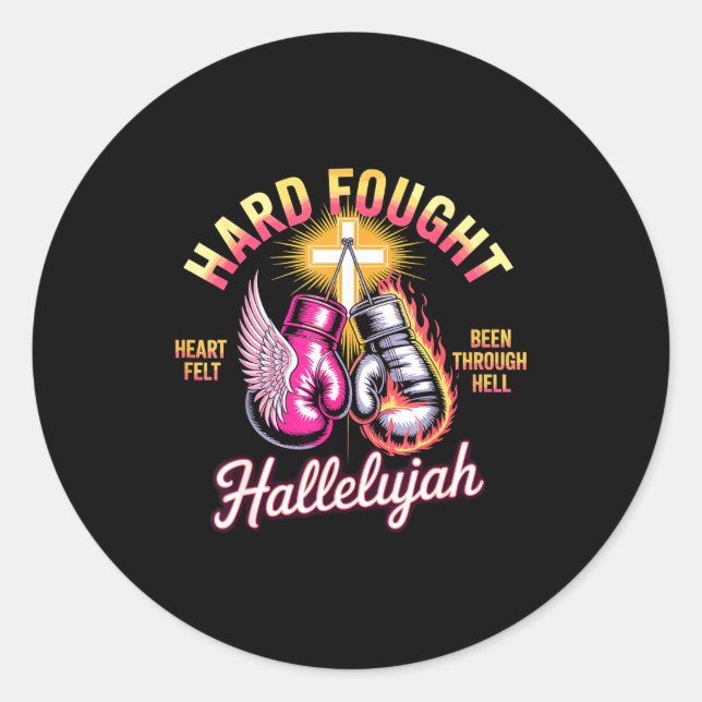 Sticker Rond Hard Fought Hallelujah Boxing Gloves Faith  (Devant)
