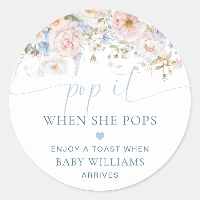 Sticker Rond Hargrove Blue Floral Baby shower Pop It (Devant)