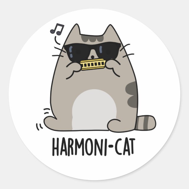 Sticker Rond Hari-cat Funny Harmonica Cat Pun (Devant)