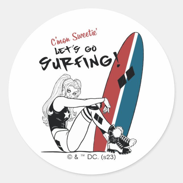 Sticker Rond Harley Quinn - Allons surfer (Devant)