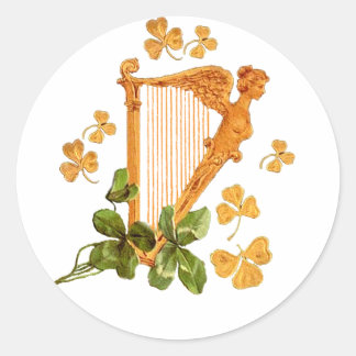 Sticker Rond Harpe d'Or et Shamrocks d'Irlande