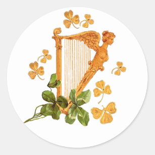 Sticker Rond Harpe et shamrocks d'or de l'Irlande
