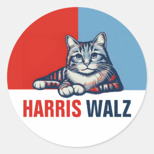 Sticker Rond Harris Walz 2024 Manifestement Red Blue Cat
