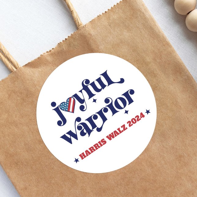 Sticker Rond Harris Walz Joyful Warrior White USA Flag Heart (Créateur téléchargé)