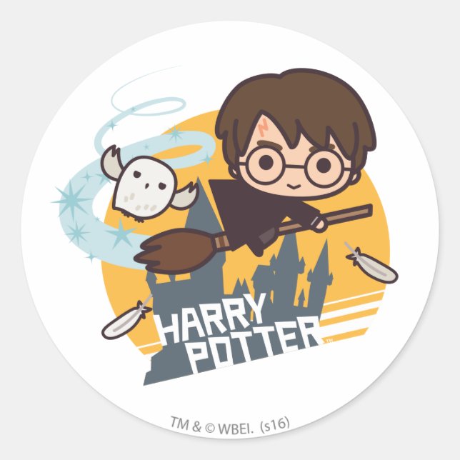 Sticker Rond Harry et Hedwig en dessin animé volant devant Poud (Devant)