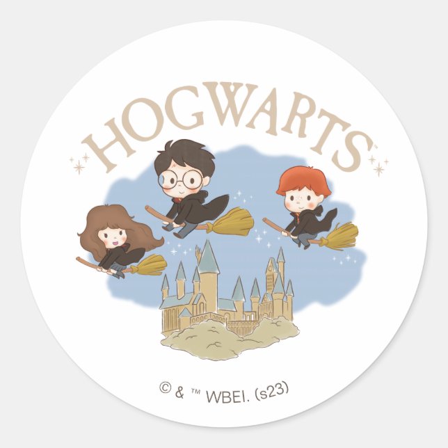 Sticker Rond HARRY POTTER™, Hermione & Ron Fly Over HOGWARTS™ (Devant)