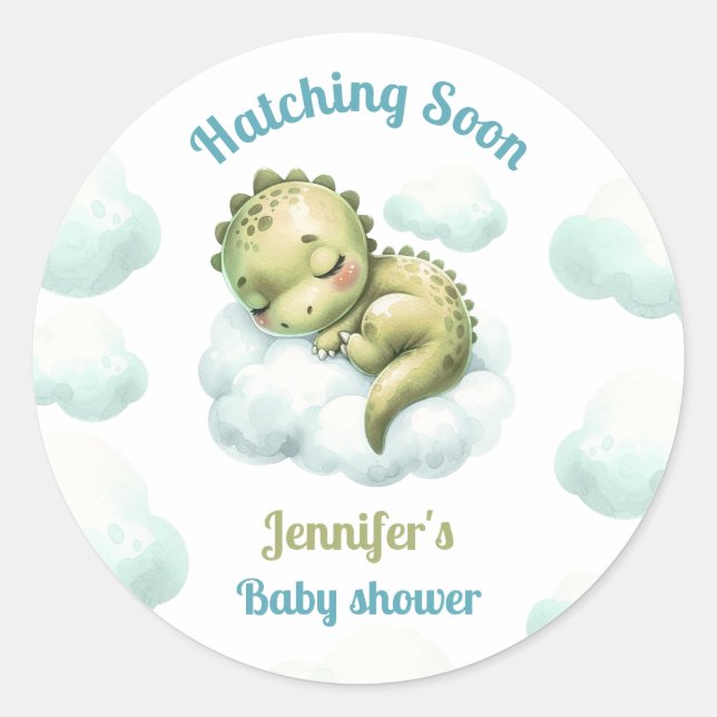 Sticker Rond Hatching Bientôt Cute Dinosaur Baby shower de garç (Devant)