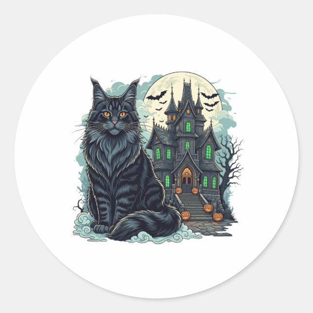 Sticker Rond Haunted House Watcher - Maine Coon Halloween (Devant)