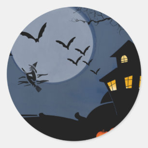 Sticker Rond Haunted Houses and Witch Halloween