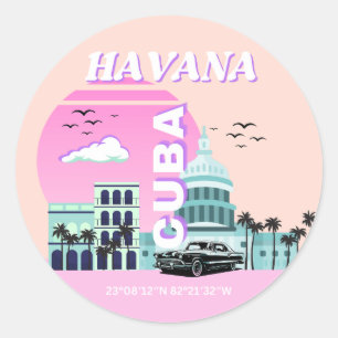 Sticker Rond Havana Cuba Pink Travel Art
