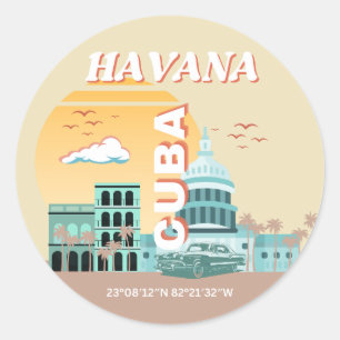 Sticker Rond Havana Cuba Retro Art Voyage