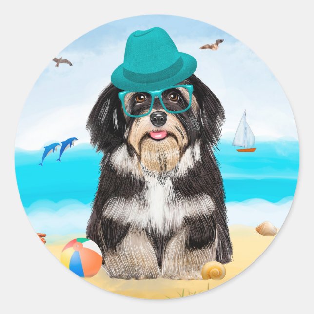 Sticker Rond Havanese Dog on Beach (Devant)
