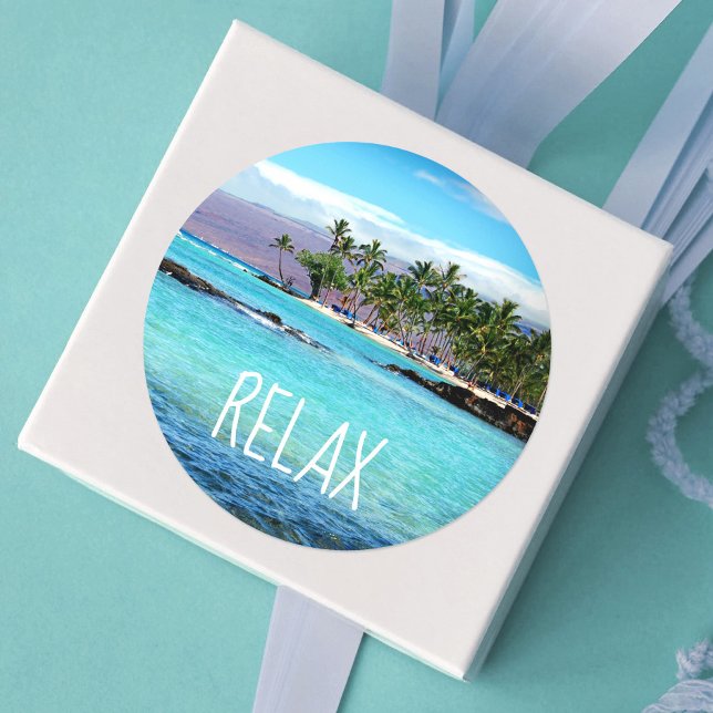 Sticker Rond Hawaii Blue Ocean Green Palm Trees Beach Relax (Créateur téléchargé)