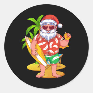 Sticker Rond Hawaii Père Noël Surfant Été Tropical Noël
