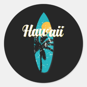 Sticker Rond Hawaii Surf Aloha Vintage Retro Surfboard Beach