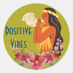 Sticker Rond Hawaiian Girl souffler Conch Shell personnalisée
