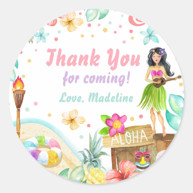 Sticker Rond Hawaiian Luau Anniversaire Tropical Pool Party Pas (Devant)