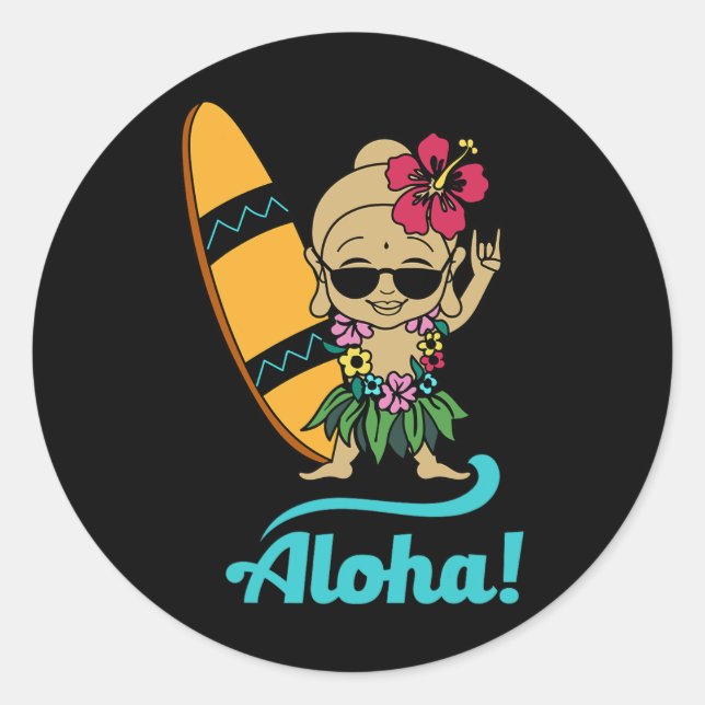 Sticker Rond Hawaiian Surfing Buddha Aloha Hawaii Beach Yoga  (Devant)