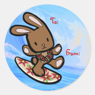 Sticker Rond Hawaiian Surfing Bunny Cartoon de vacances