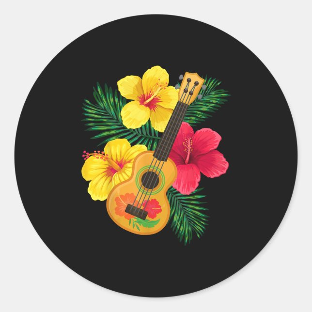 Sticker Rond Hawaiian Ukulele Retro Uke Hibiscus (Devant)