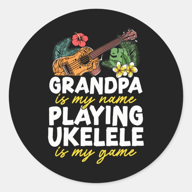 Sticker Rond Hawaiian Ukulele Uke Grandpa Grand-pa Est Mon Nom (Devant)