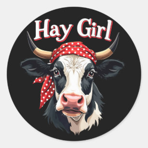 Sticker Rond Hay Girl Farmer Funny Cattle Cow Farm Amateurs
