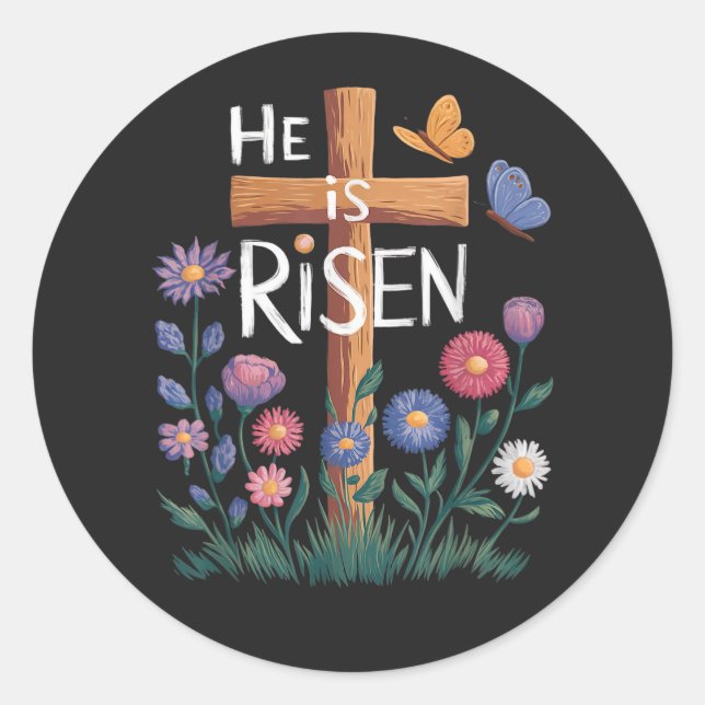 Sticker Rond He Is Risen Jesus Floral Christian Easter (Devant)
