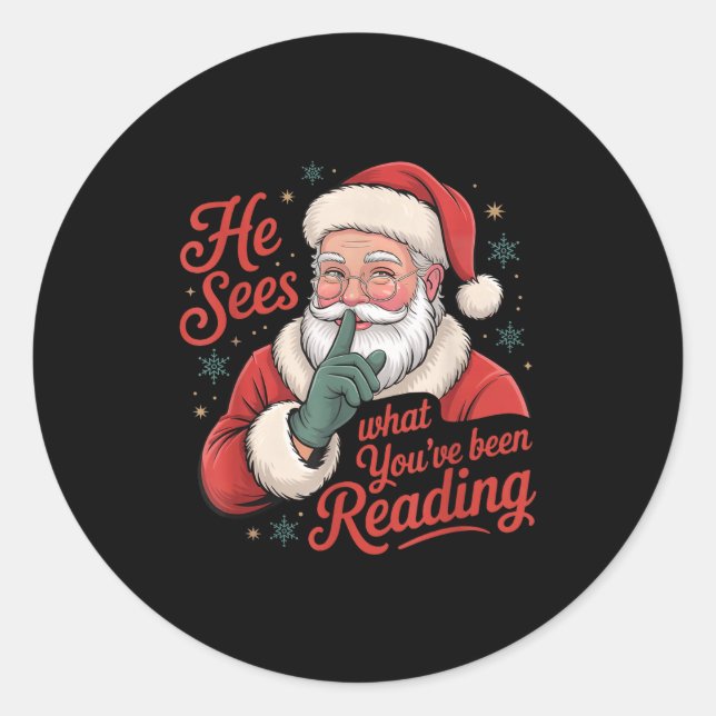 Sticker Rond He Sees What You've Been Reading, Retro Santa Chri (Devant)
