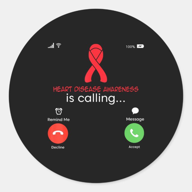 Sticker Rond Heart Disease Awareness Red Ribbon Heart Attack Su (Devant)