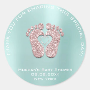 Sticker Rond Heart Feet Baby shower Favoriser Cadeau Merci Aqua