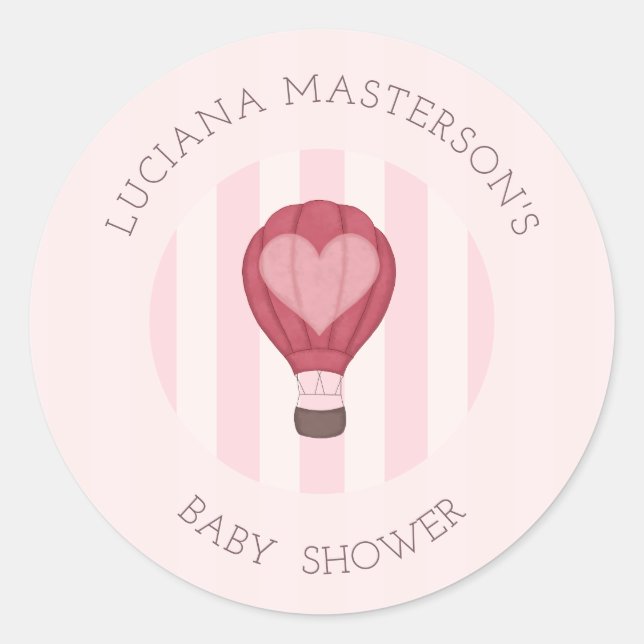 Sticker Rond Heart Hot Air Balloon Pastel Baby shower rose (Devant)
