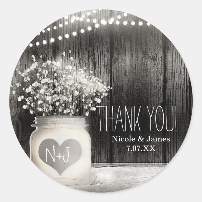 Sticker Rond Heart Mason Jar & Baby's Breath Rustic Mariage (Devant)