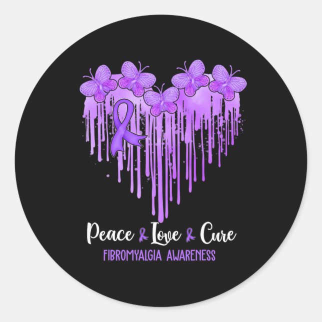 Sticker Rond Heart Peace Love Cure Fibromyalgie Sensibilisation (Devant)