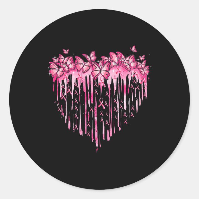 Sticker Rond Heart Pink Ribbon Butterflies Breast Cancer (Devant)