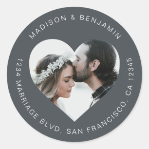 Sticker Rond Heart Shape Photo Wedding Return Address Black