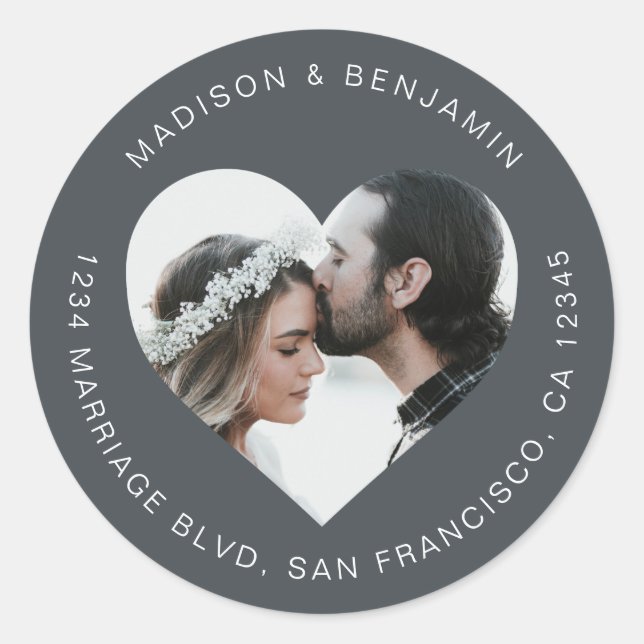 Sticker Rond Heart Shape Photo Wedding Return Address Black (Devant)