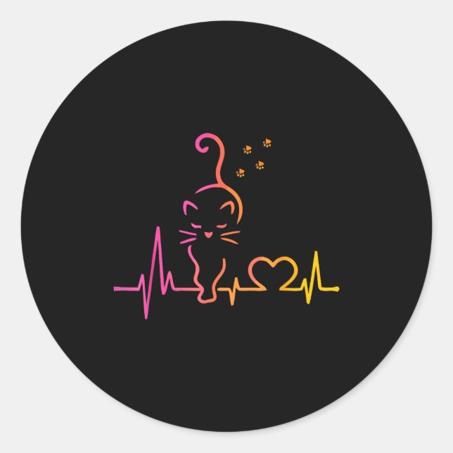 Sticker Rond Heartbeat Cat Lover Animal Silhouette Cute Cat  (Devant)