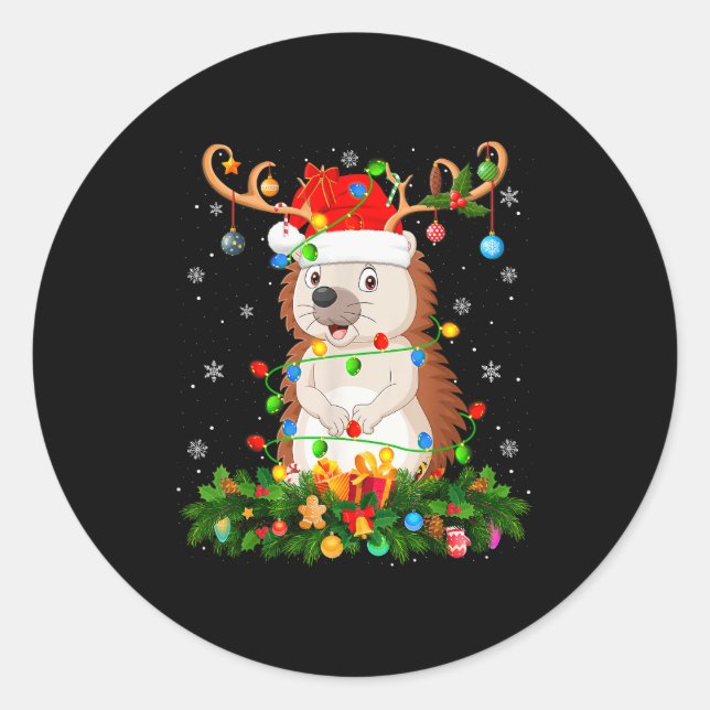 Sticker Rond Hedgehog Christmas Lights Reindeer Santa Hat Adult (Devant)