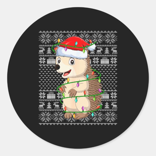 Sticker Rond Hedgehog Christmas Lights Ugly Sweater Funny Santa (Devant)