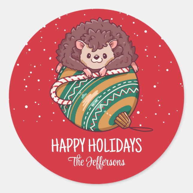 Sticker Rond Hedgehog Noël Ornement neige hiver vacances (Devant)