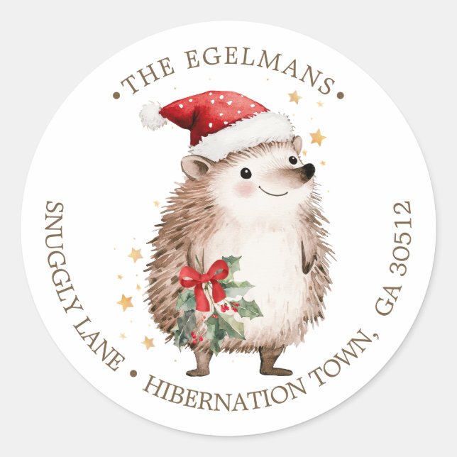 Sticker Rond Hedgehog Santa Hat Christmas Return Address Label (Devant)