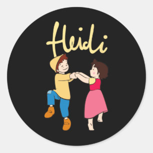 Sticker Rond Heidi Et Peter Dansent Avec Logo Caricature Jaune 