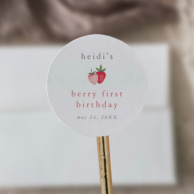 Sticker Rond HEIDI Pink Strawberry Girl Berry Premier anniversa (HEIDI Pink Strawberry Girl Berry First Birthday Classic Round Sticker)