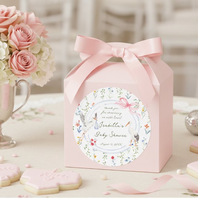 Sticker Rond Heirloom Rose Bow and Stork Baby Shower Thank You (Créateur téléchargé)