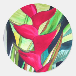 Sticker Rond Heliconia Lobster Claw fleur d'aquarelle tropicale