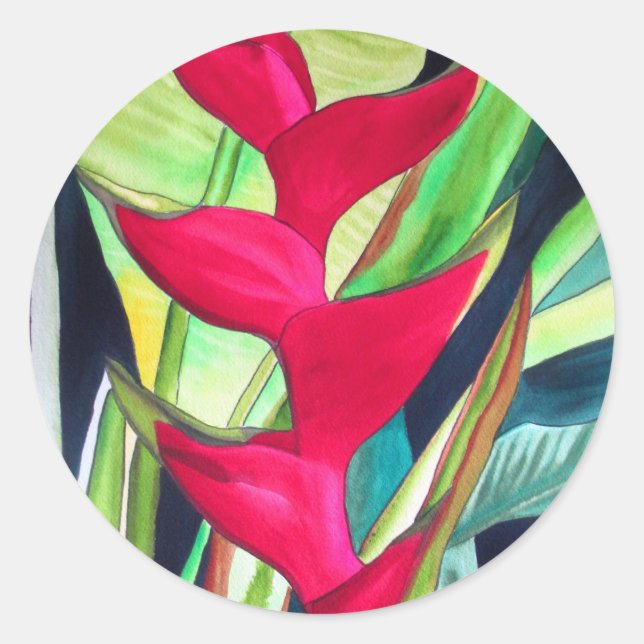 Sticker Rond Heliconia Lobster Claw fleur d'aquarelle tropicale (Devant)