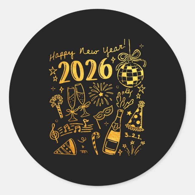 Sticker Rond Hello 2026 Disco Ball Coquette Bow Happy New Year  (Devant)