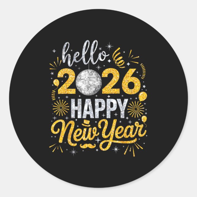 Sticker Rond Hello 2026 Happy New Year Fireworks Balloons Famil (Devant)