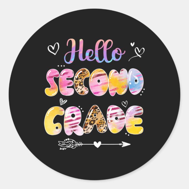 Sticker Rond Hello 2nd Grade Leopard Tie Dye Back To School  (Devant)