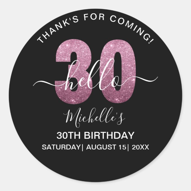 Sticker Rond Hello 30! Modern 30th birthday Pink glitter (Devant)